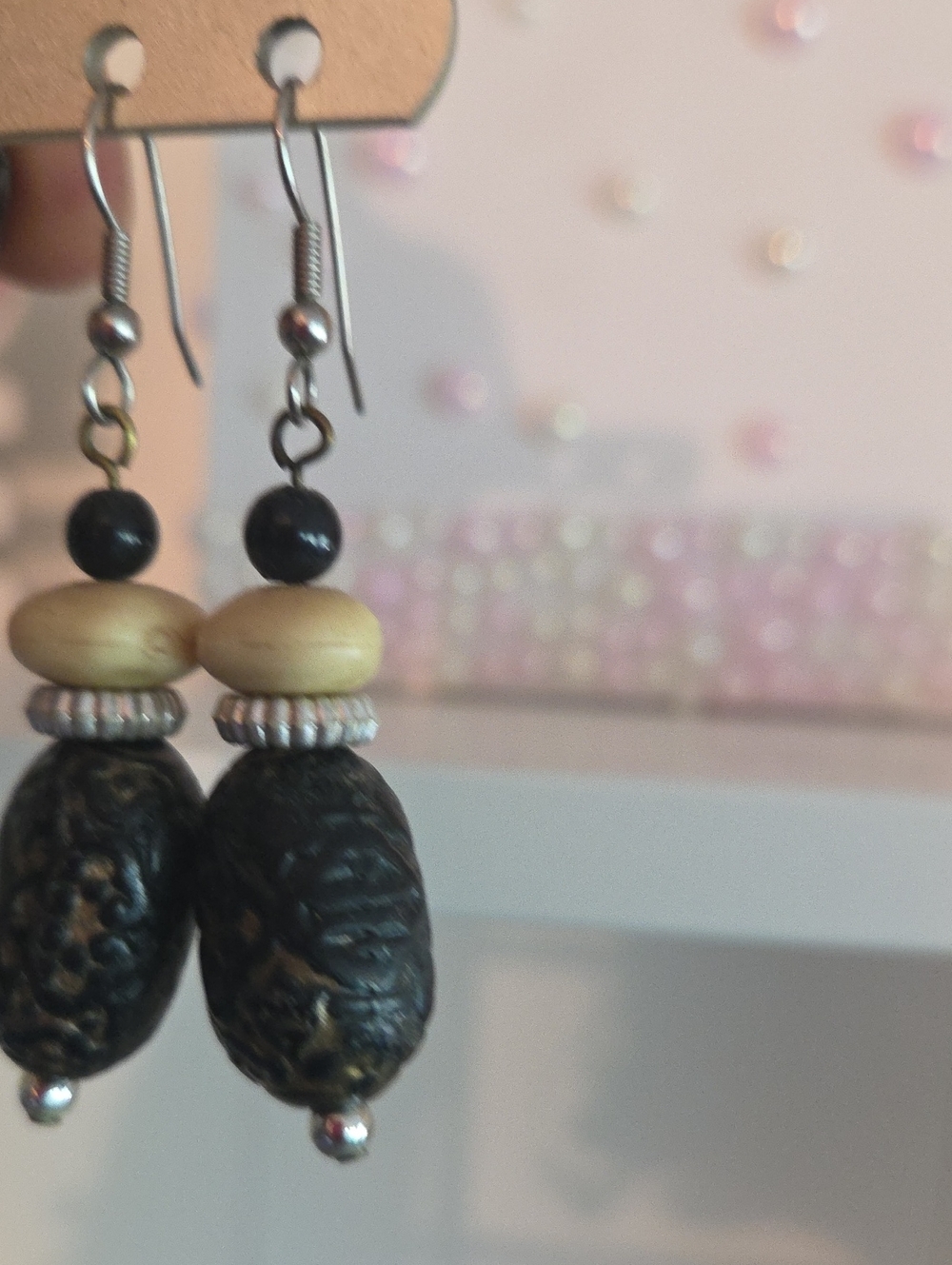 Handcrafted Black and Natural Bead Drop Earrings